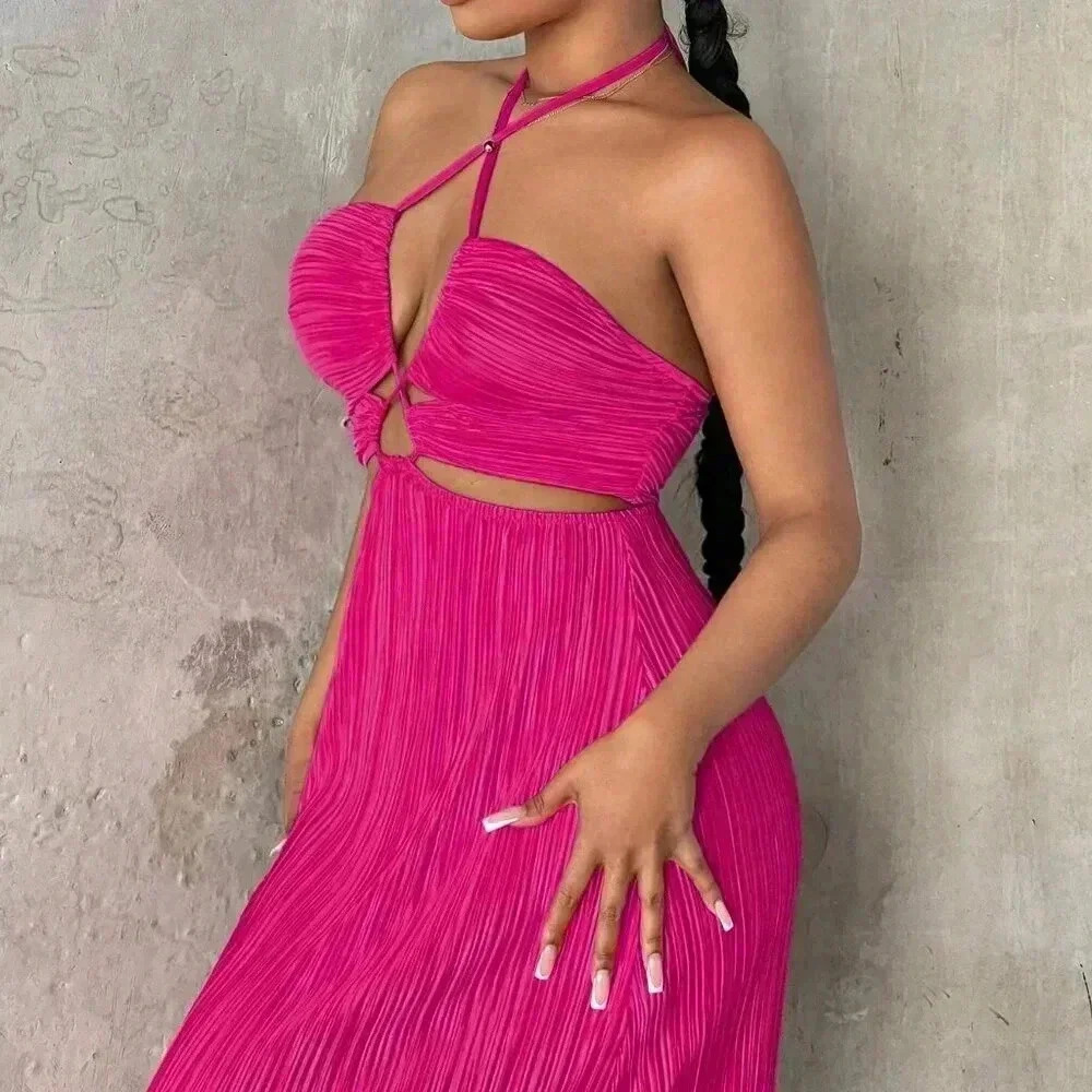 Hot Pink Sexy Women's Crisscross Tie Backless Halter Swing Dress - Picture 6 of 7